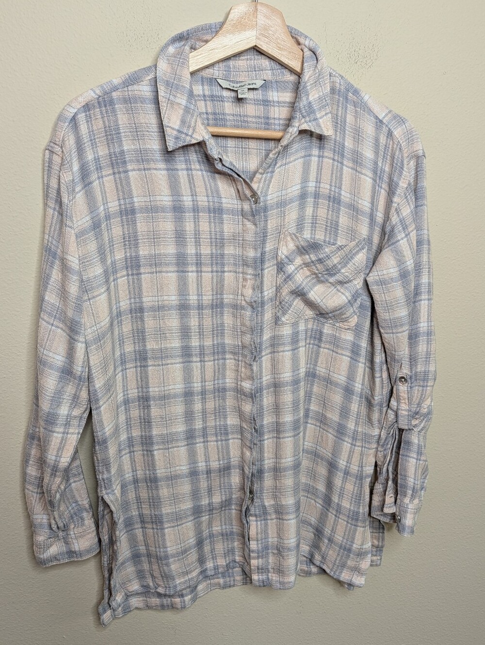 Calvin‎ Klein Jeans Plaid Flannel-Style Button Up Shirt Blue Pink Size Medium
